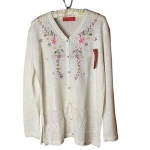 New Granny Sweater Cardigan Embroidered Pearl Buttons Sz L Cream Floral Eyelets